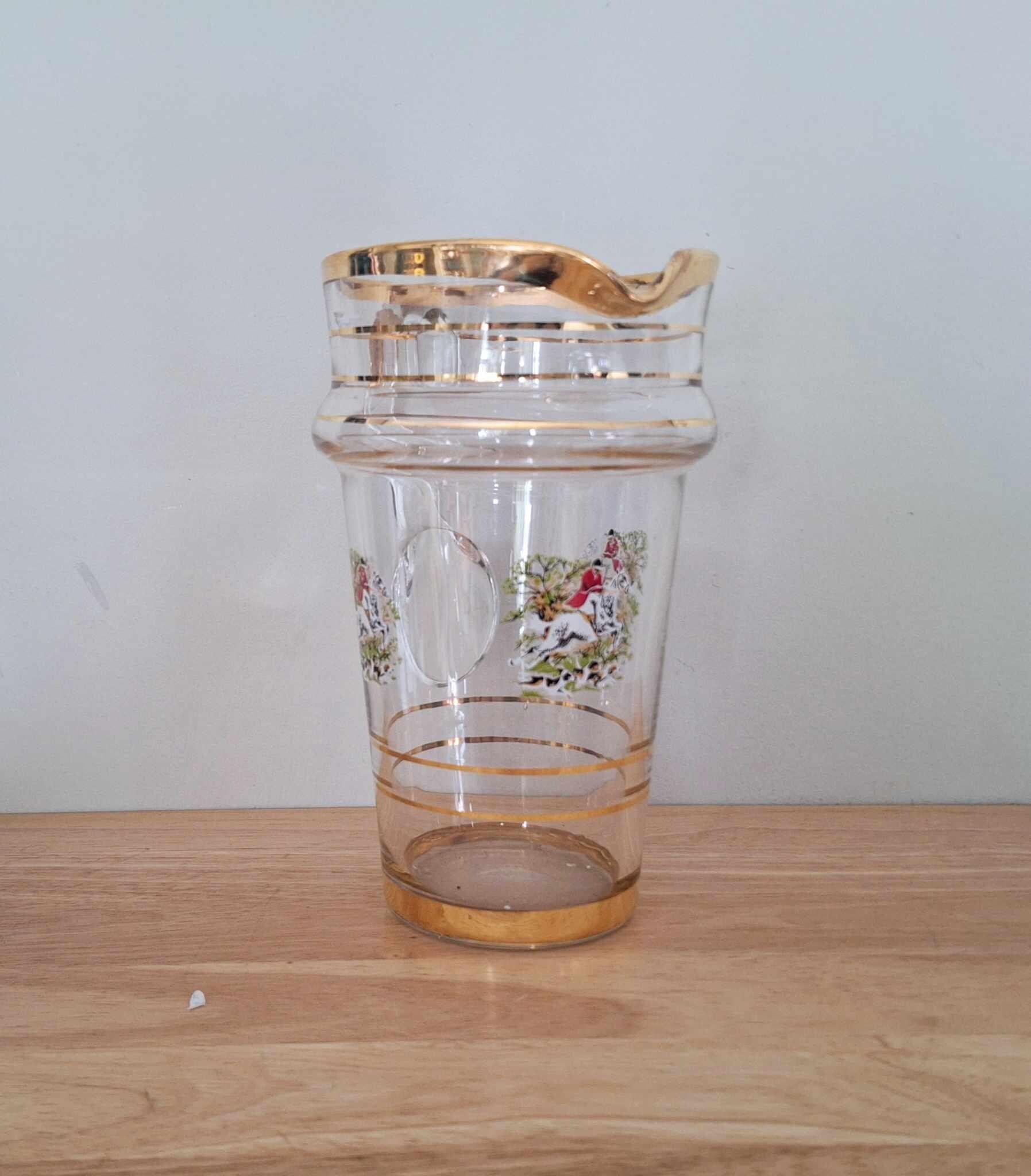 Vintage Glass Jug with Gold Rim and Fox Hunting Scene  Clear Glass Pitcher with Handle, Traditional British Country Style, 1L