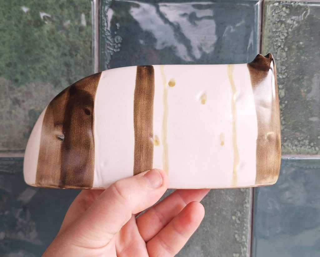 Handmade Ceramic Cat Dish with Embossed Whiskered Cats  Brown & Ochre Striped Glazed Pottery Tray  Quirky Animal Decor Gift