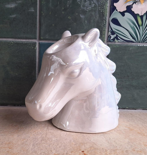 Iridescent Ceramic Horse Head Money Box  Glossy White Piggy Bank, Equestrian Decor, Horse Lover Gift, Unique Coin Bank