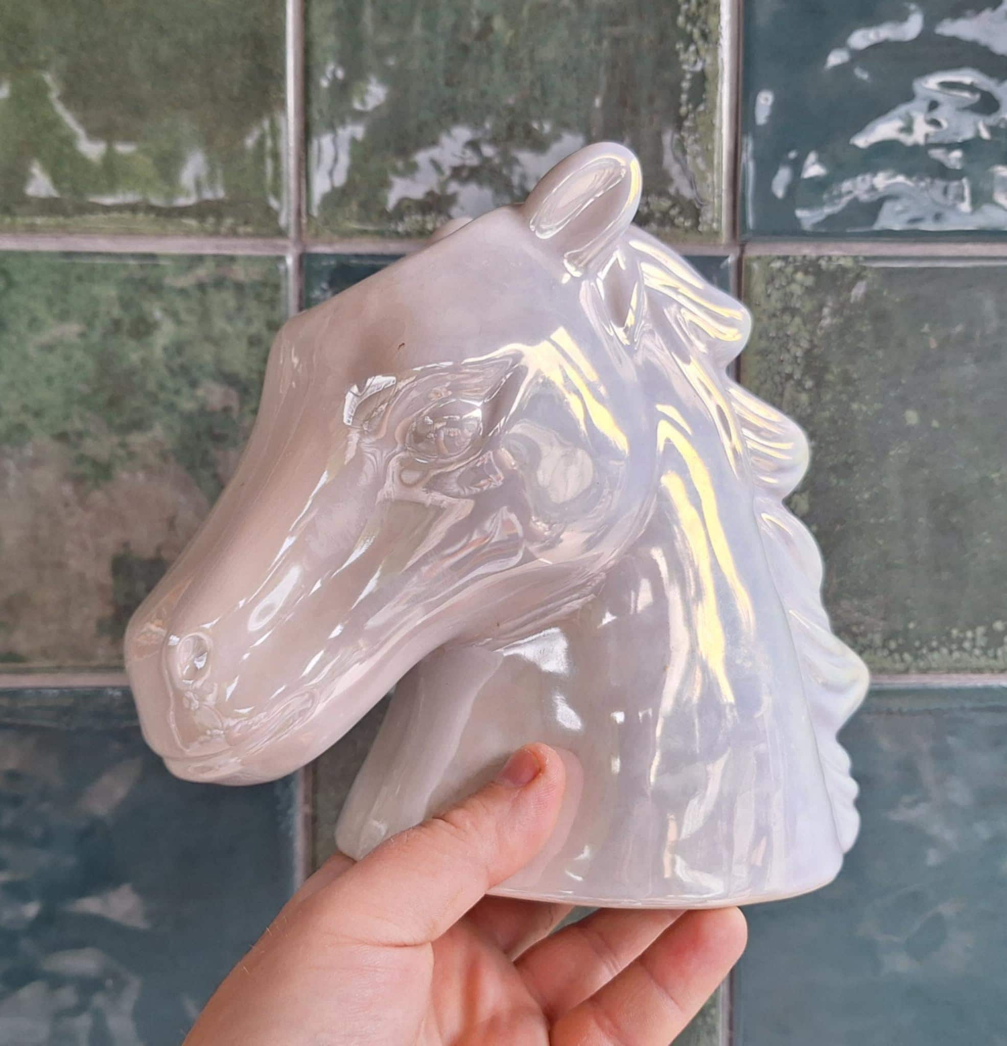 Iridescent Ceramic Horse Head Money Box  Glossy White Piggy Bank, Equestrian Decor, Horse Lover Gift, Unique Coin Bank