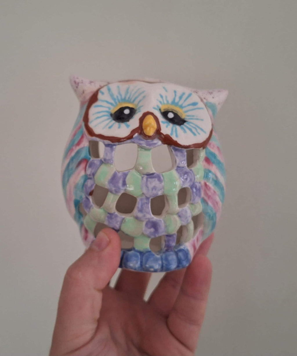 Colourful Ceramic Owl Tealight Holder  Cut-Out Design, Hand-Painted Pastel Owl Candle Holder