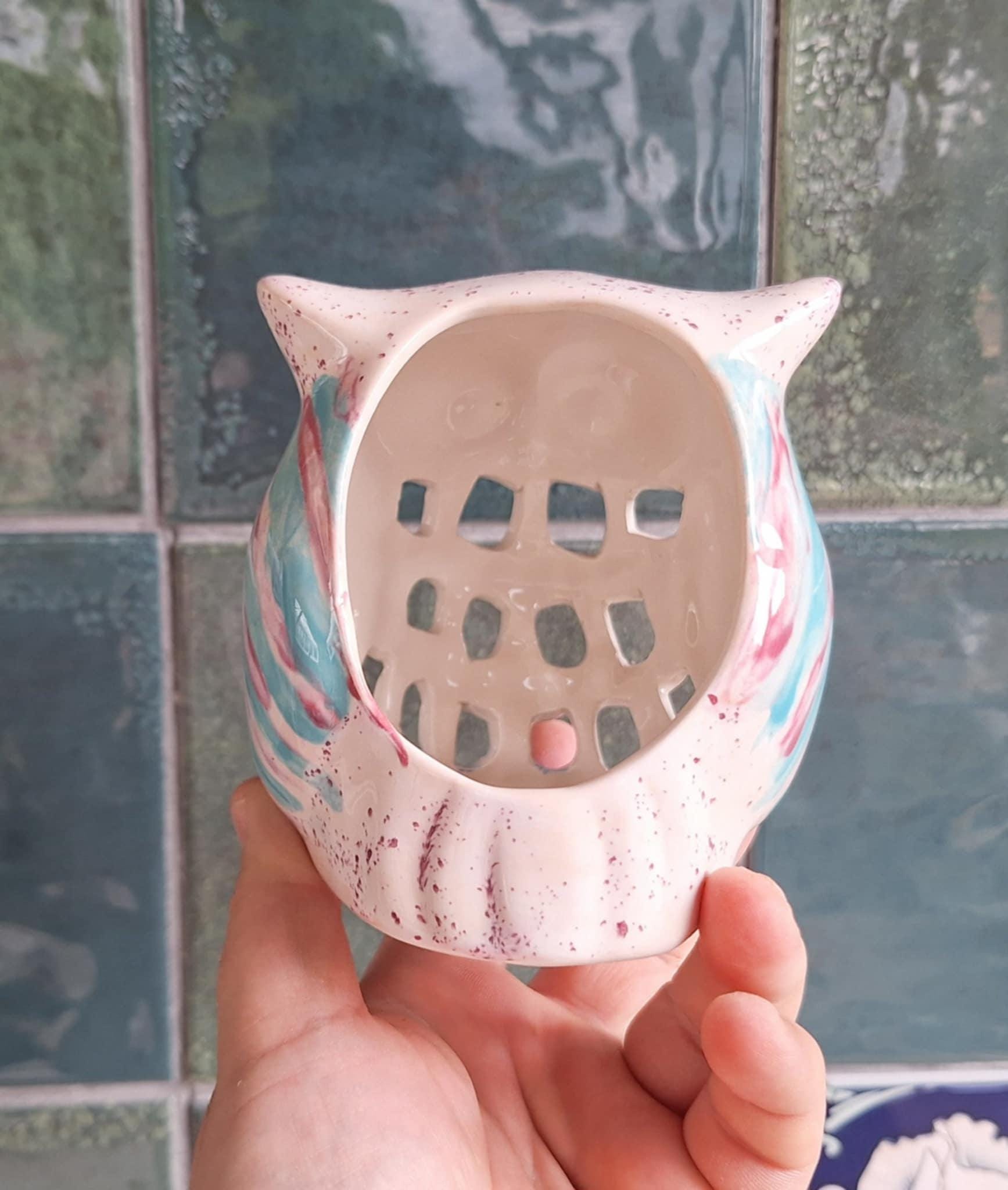 Colourful Ceramic Owl Tealight Holder  Cut-Out Design, Hand-Painted Pastel Owl Candle Holder
