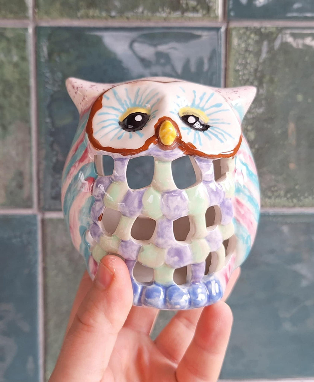 Colourful Ceramic Owl Tealight Holder  Cut-Out Design, Hand-Painted Pastel Owl Candle Holder