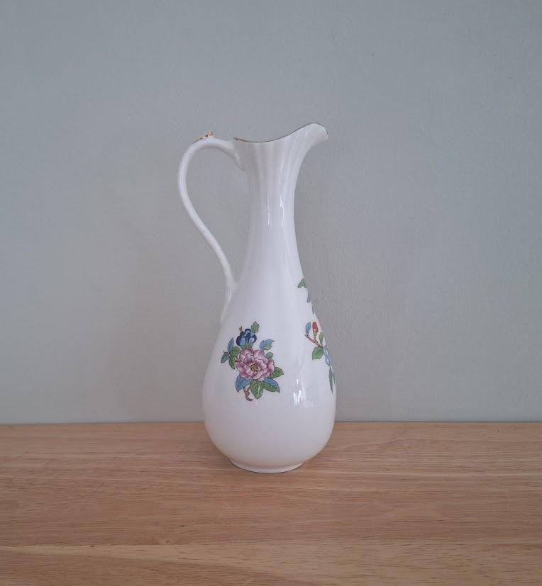 Aynsley Pembroke Fine Bone China Jug Vase  Floral Bird Design, Tall Decorative Pitcher, English Porcelain  Vintage Home Decor
