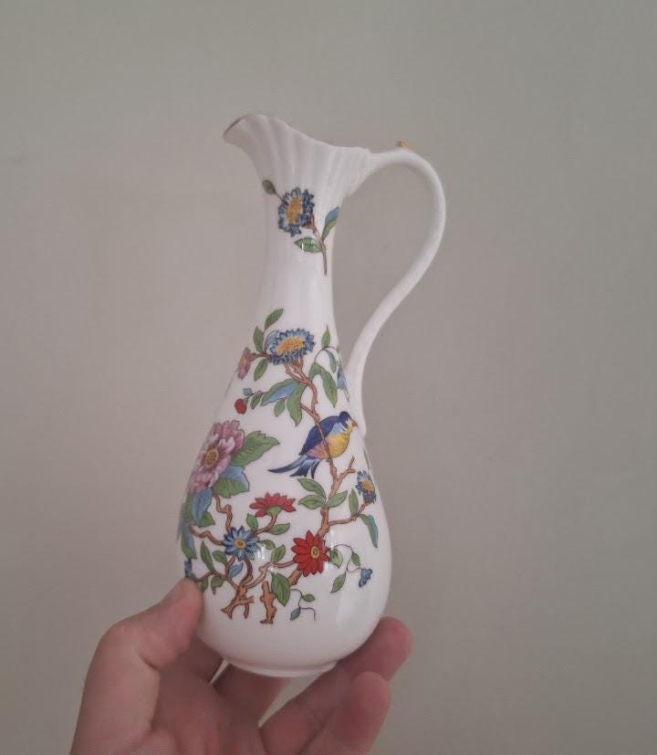 Aynsley Pembroke Fine Bone China Jug Vase  Floral Bird Design, Tall Decorative Pitcher, English Porcelain  Vintage Home Decor
