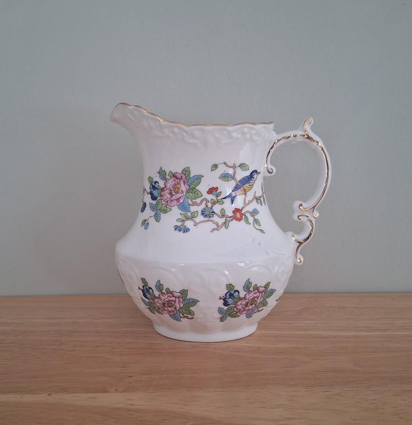 Aynsley Pembroke Bone China Jug with Bird & Floral Design  Vintage English Porcelain Vase Jug  Decorative Bathroom Decor