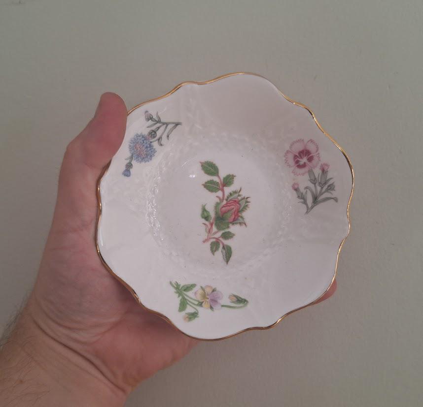 Aynsley Wild Tudor Scalloped Edge Dish  Fine Bone China Floral Trinket Bowl with Gold Trim  Vintage Bathroom or Vanity  Made in England