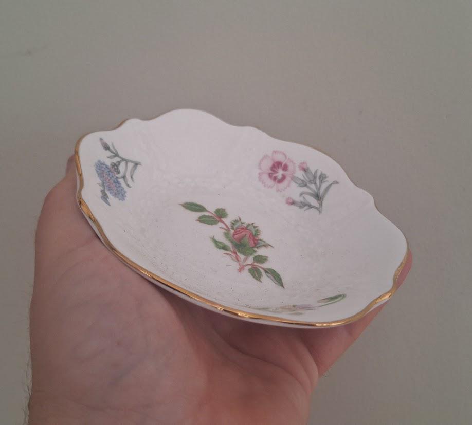 Aynsley Wild Tudor Scalloped Edge Dish  Fine Bone China Floral Trinket Bowl with Gold Trim  Vintage Bathroom or Vanity  Made in England