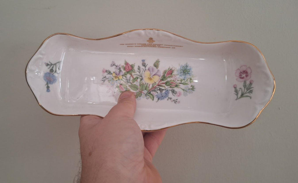 Aynsley Wild Tudor Bone China Trinket Dish  Queens Award for Export Achievement  Rectangular Floral Vanity Tray