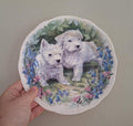 Decorative Plate with White Terrier Puppies  Bluebells & Pink Flowers Border