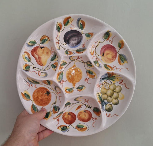 Hand-Painted Italian Ceramic Divided Serving Dish  Fruit Motif  Vintage Majolica Style