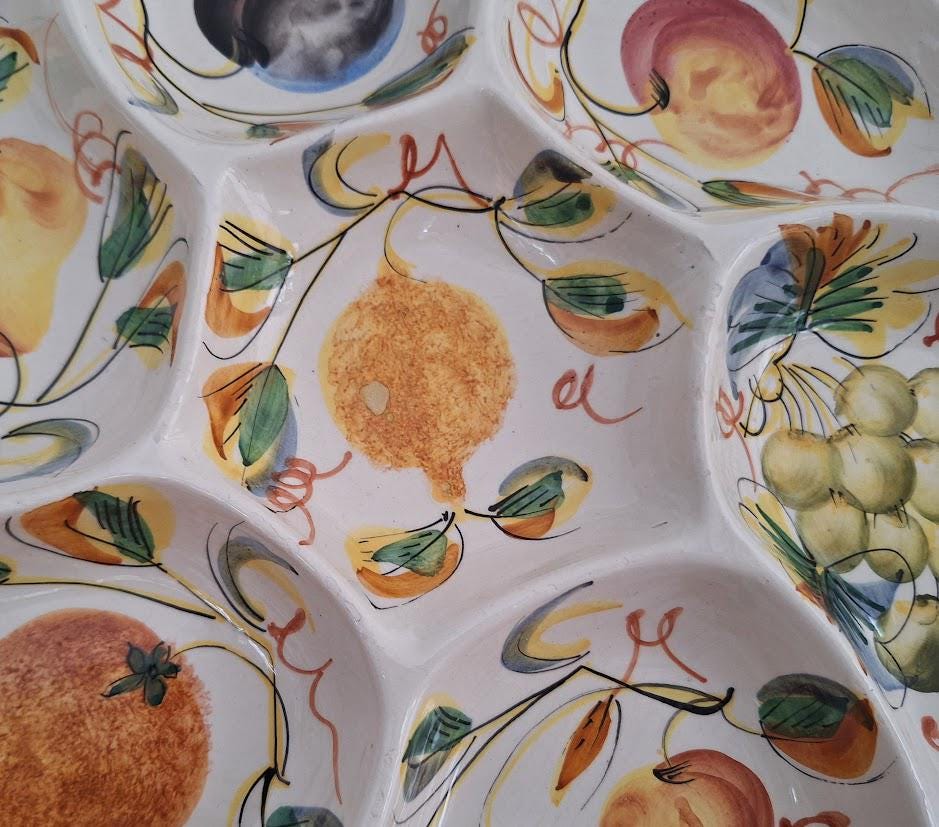 Hand-Painted Italian Ceramic Divided Serving Dish  Fruit Motif  Vintage Majolica Style