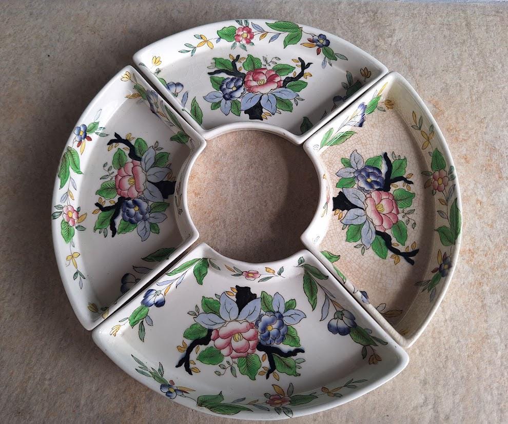 Vintage Booths Ceramic Crescent Dishes  Set of 4  ‘Woodcock Pattern  Hand Painted Floral Design