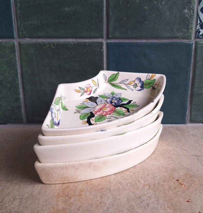 Vintage Booths Ceramic Crescent Dishes  Set of 4  ‘Woodcock Pattern  Hand Painted Floral Design
