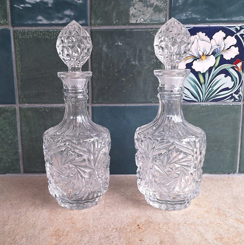 Pair of Vintage Cut Glass Crystal Decanters with Stoppers  Starburst Pattern, Barware or Display