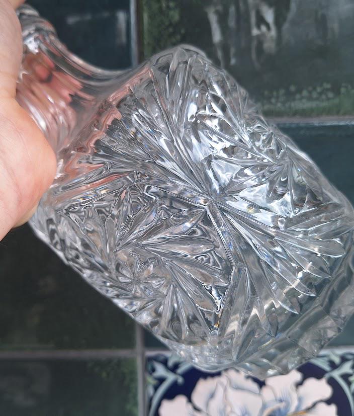 Pair of Vintage Cut Glass Crystal Decanters with Stoppers  Starburst Pattern, Barware or Display