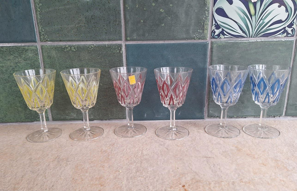 Vintage Retro Wine Glasses/ Sherry Glass Liquor Vintage Crystal Cut Coloured Wine Glasses  Set of 6  DZG Labelled