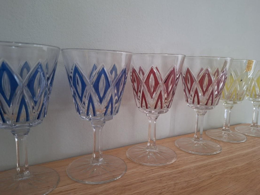 Vintage Retro Wine Glasses/ Sherry Glass Liquor Vintage Crystal Cut Coloured Wine Glasses  Set of 6  DZG Labelled
