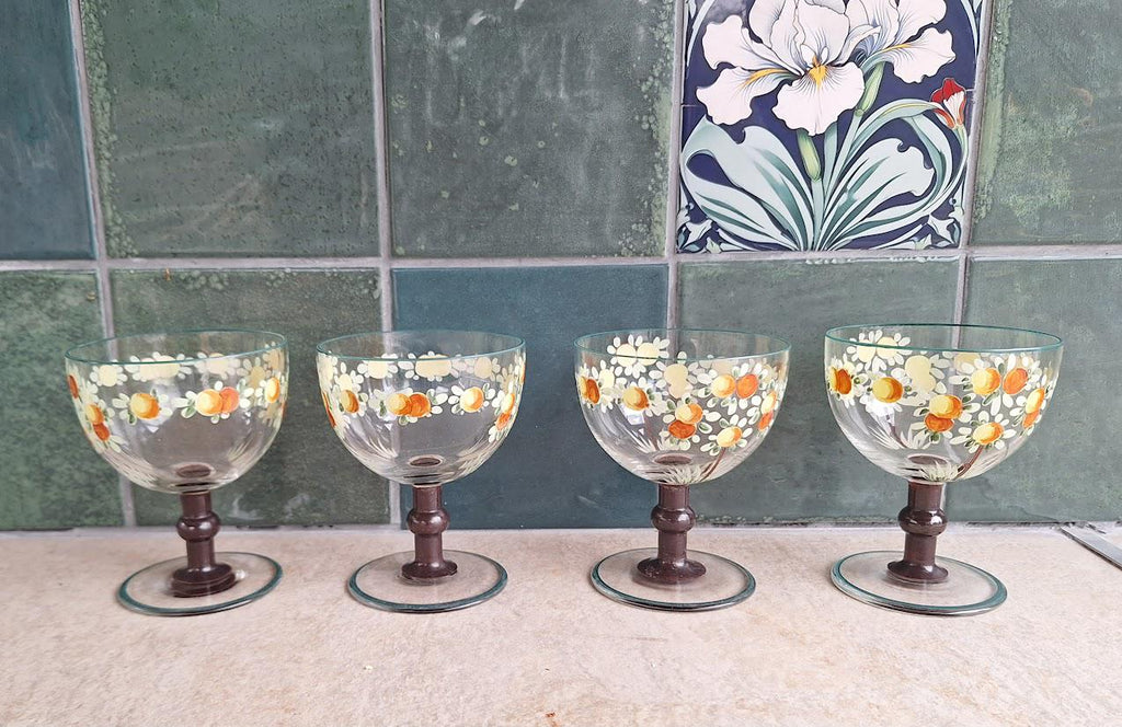 Vintage Hand Painted Floral Wine Glasses  Set of 4 with Brown Stems, Retro Daisy Design