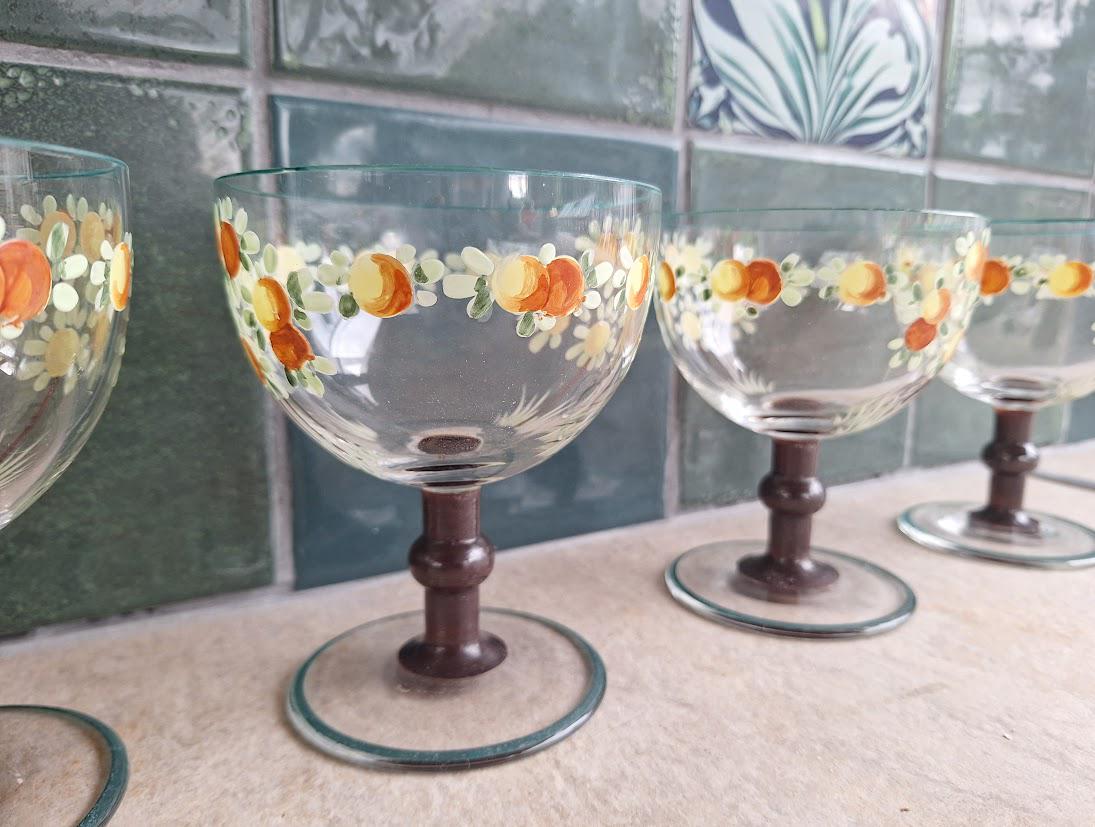 Vintage Hand Painted Floral Wine Glasses  Set of 4 with Brown Stems, Retro Daisy Design