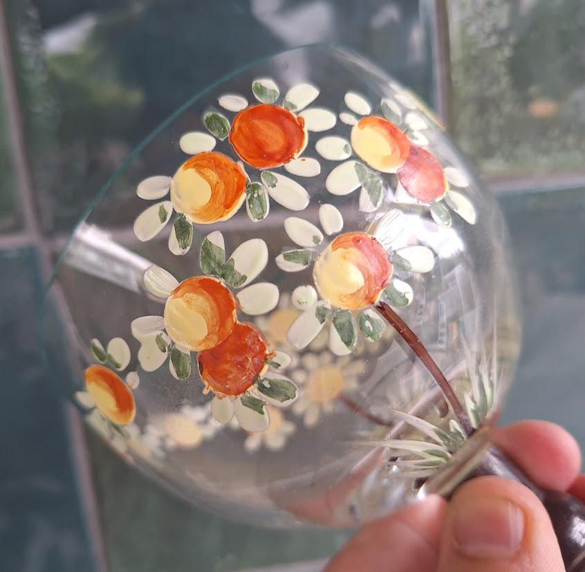 Vintage Hand Painted Floral Wine Glasses  Set of 4 with Brown Stems, Retro Daisy Design