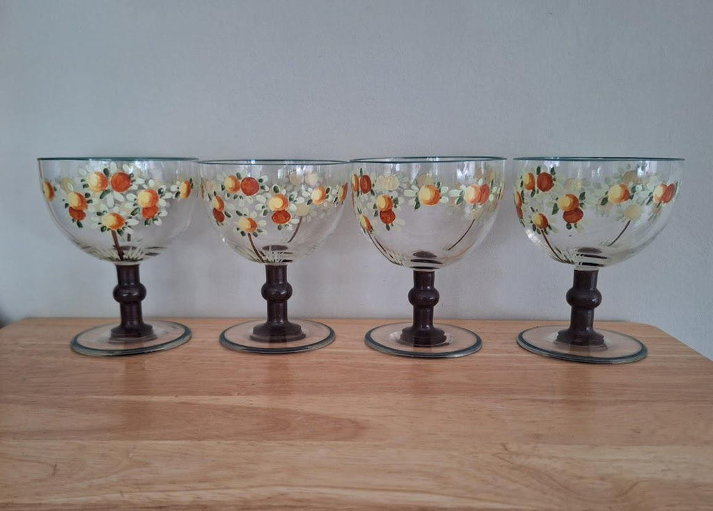 Vintage Hand Painted Floral Wine Glasses  Set of 4 with Brown Stems, Retro Daisy Design
