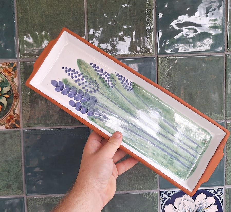 Hand-Painted Terracotta Rectangular Ceramic Serving Tray  Floral Lavender Design