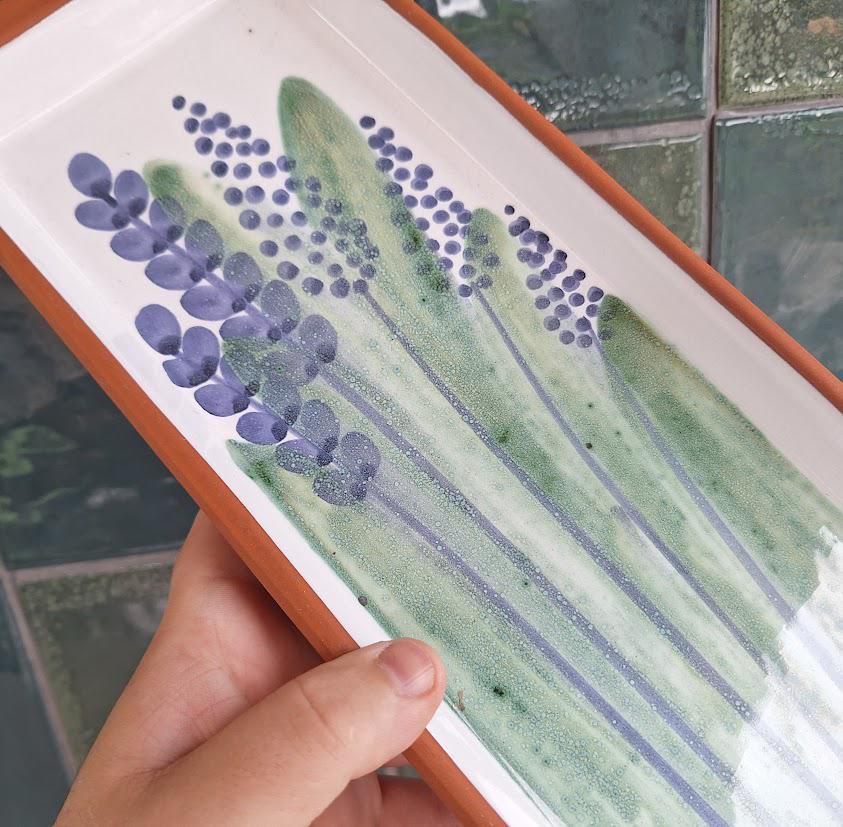 Hand-Painted Terracotta Rectangular Ceramic Serving Tray  Floral Lavender Design