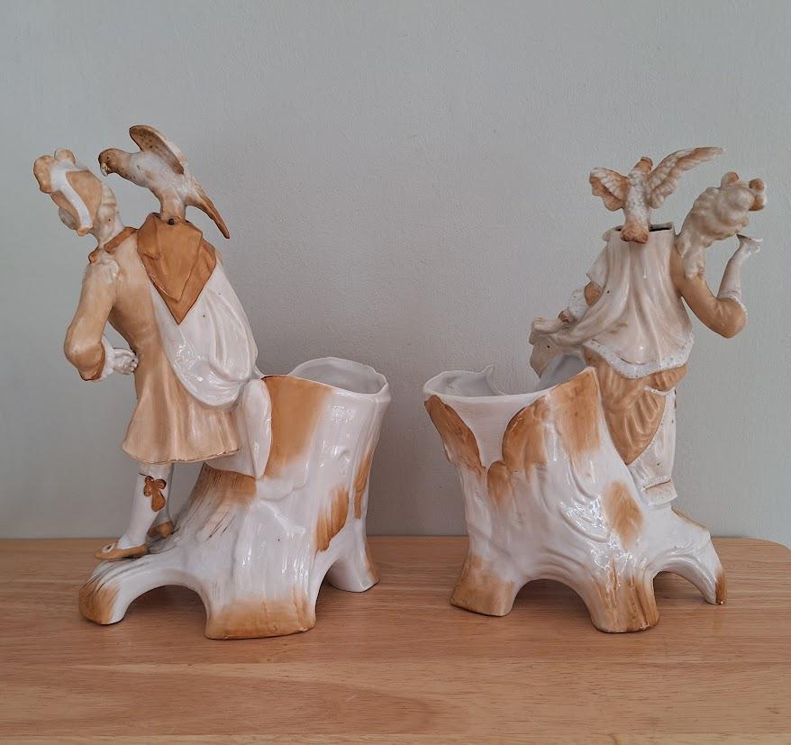 Vintage Bisque Porcelain Couple Figurines with Birds  Pair of Decorative Bisque Planter Vases