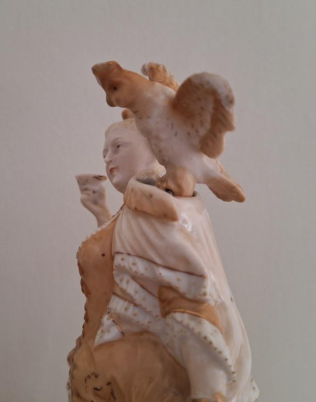 Vintage Bisque Porcelain Couple Figurines with Birds  Pair of Decorative Bisque Planter Vases