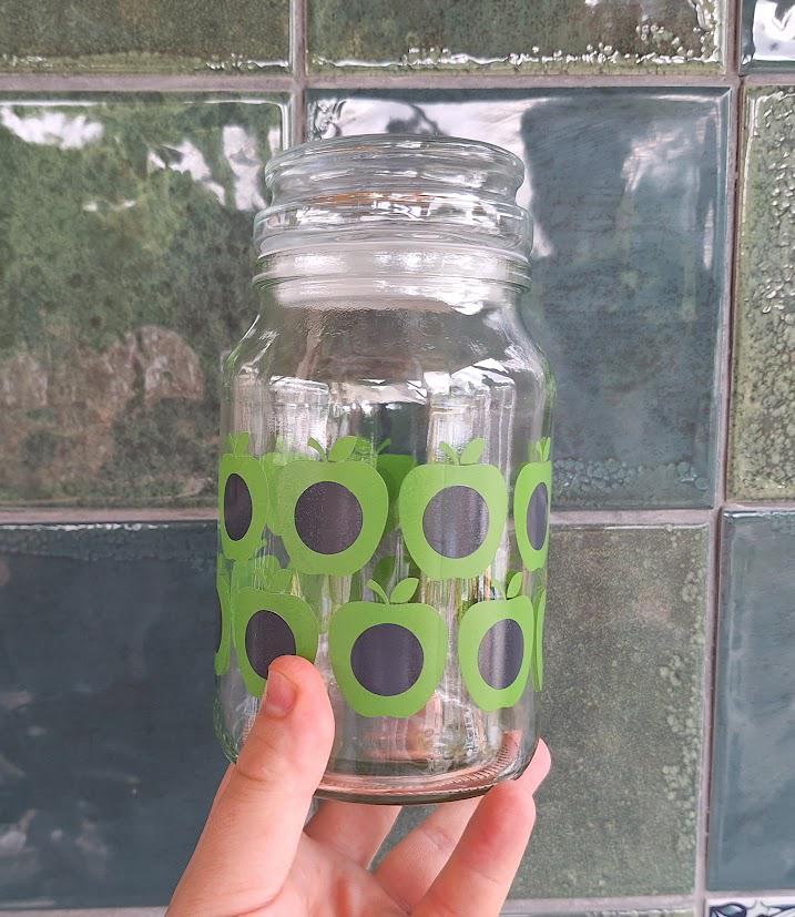 Vintage Clear Glass Jar with Green and Black Apple Print  Retro Kitchen Storage Container