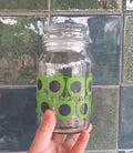 Vintage Clear Glass Jar with Green and Black Apple Print  Retro Kitchen Storage Container