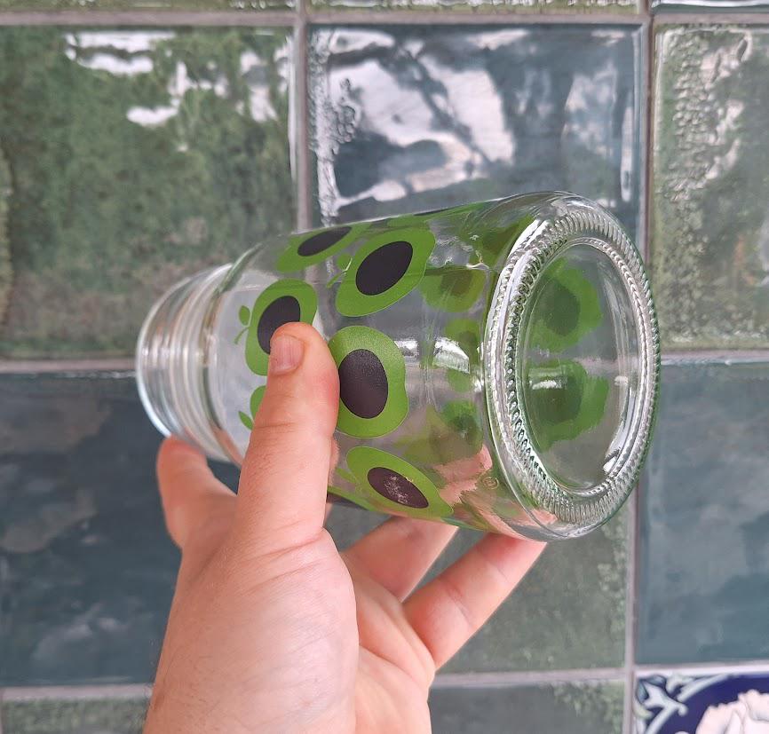 Vintage Clear Glass Jar with Green and Black Apple Print  Retro Kitchen Storage Container