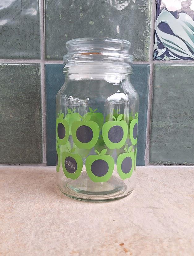 Vintage Clear Glass Jar with Green and Black Apple Print  Retro Kitchen Storage Container