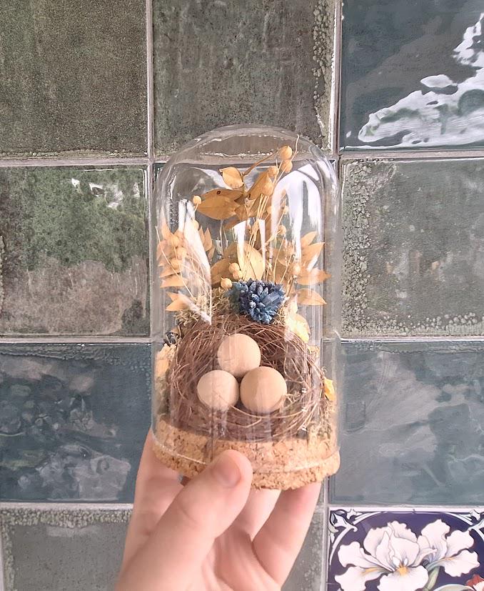 Decorative Glass Cloche with Bird's Nest & Dried Flowers  Easter Themed Home Display