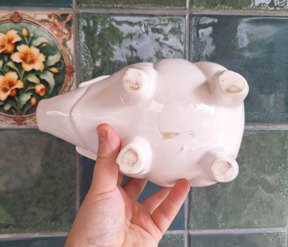 Large White Ceramic Pig Planter  Cute Animal Shaped Indoor Plant Pot  Glossy Farmhouse Decor