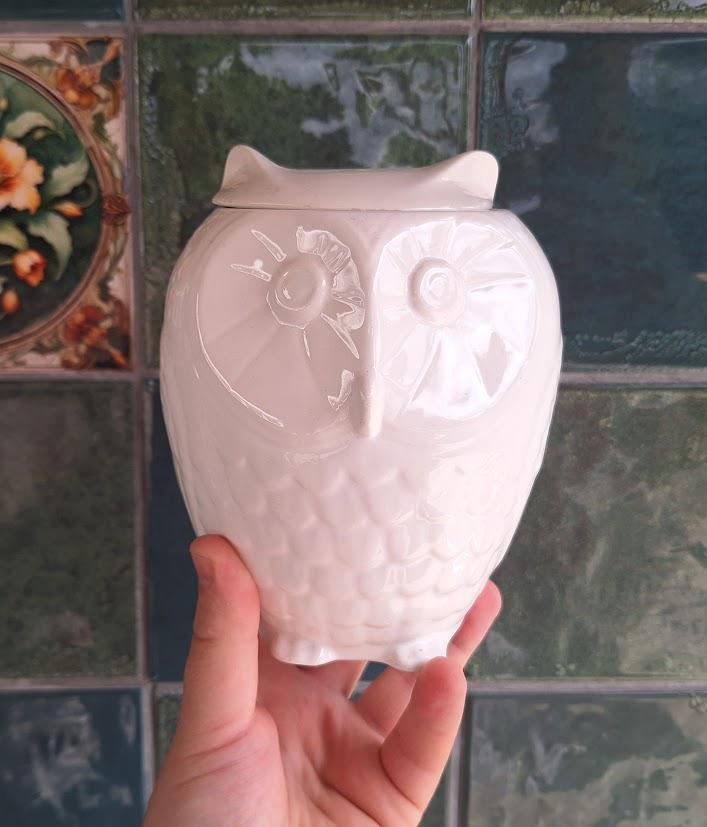 Vintage White Ceramic Owl Storage Jar with Lid  ELC Alcobaça Portugal