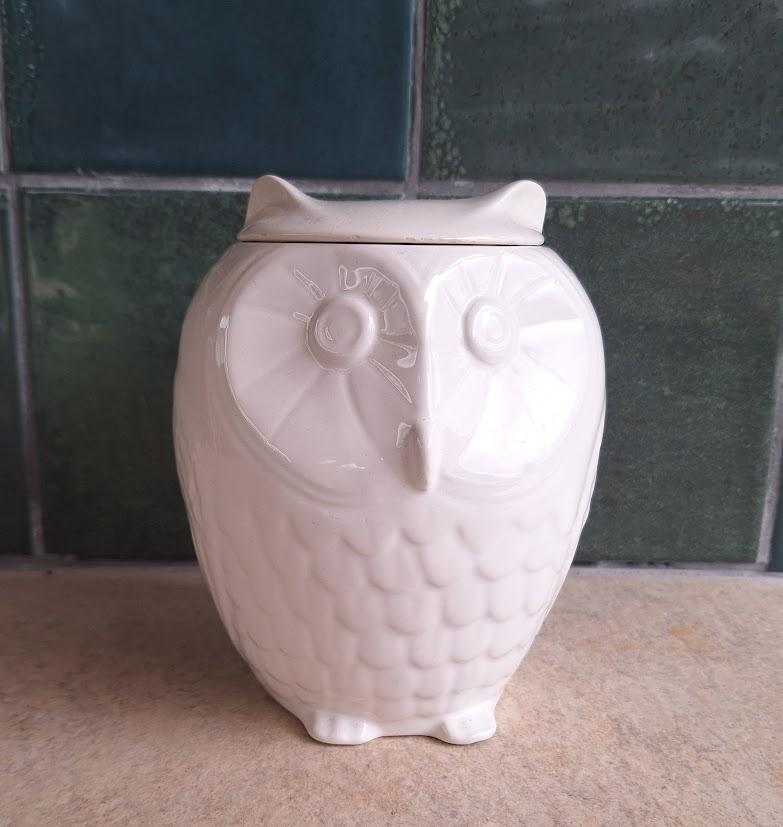 Vintage White Ceramic Owl Storage Jar with Lid  ELC Alcobaça Portugal