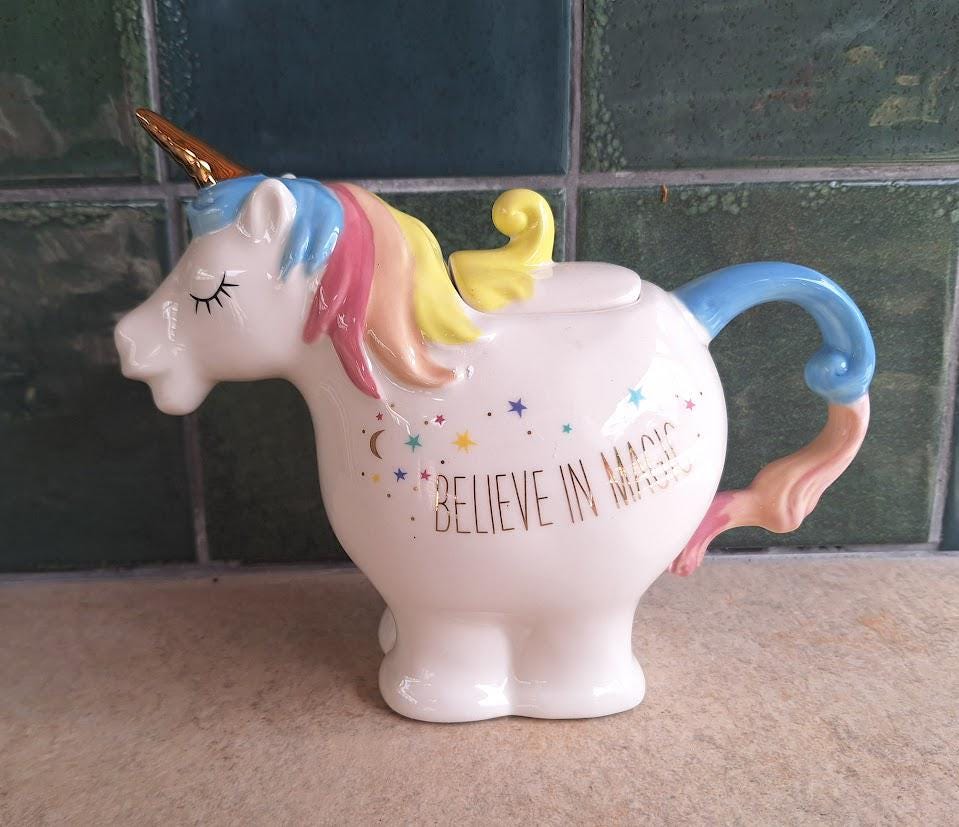 Ceramic Unicorn Teapot  “Believe in Magic  Rainbow Pastel Colours  Whimsical Kitchen Decor