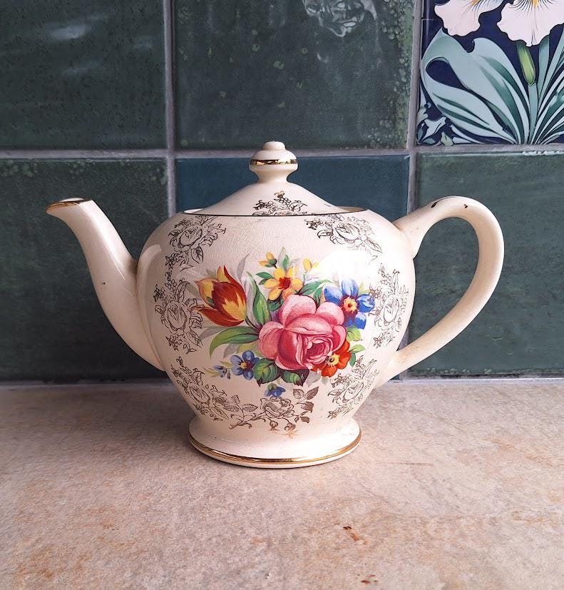 Vintage Teapot Floral Sadler Stamped  Pink, Red Flowers, Swirl Collectable Decorative Teapot Gold Gilt Afternoon Tea Party Floral Teapot