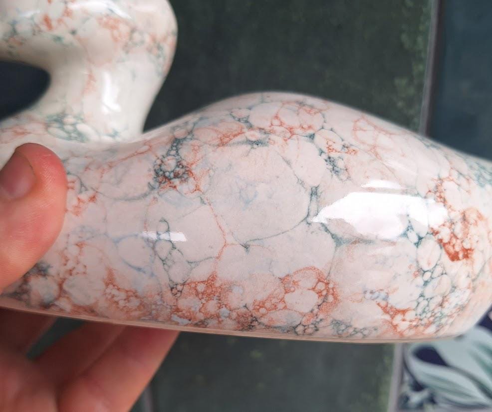 Handmade Marbled Ceramic Duck Ornament  Glazed Pottery Figurine in Cream, Orange and Blue  Animal Home Décor Gift