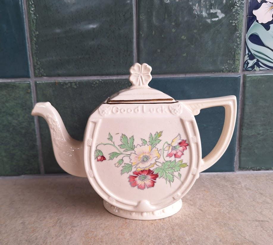 Vintage Sadler “Good Luck Embossed Floral Teapot  Cream Glaze Novelty English Pottery with Shamrock Lid  Made in England  Ad by Sadler