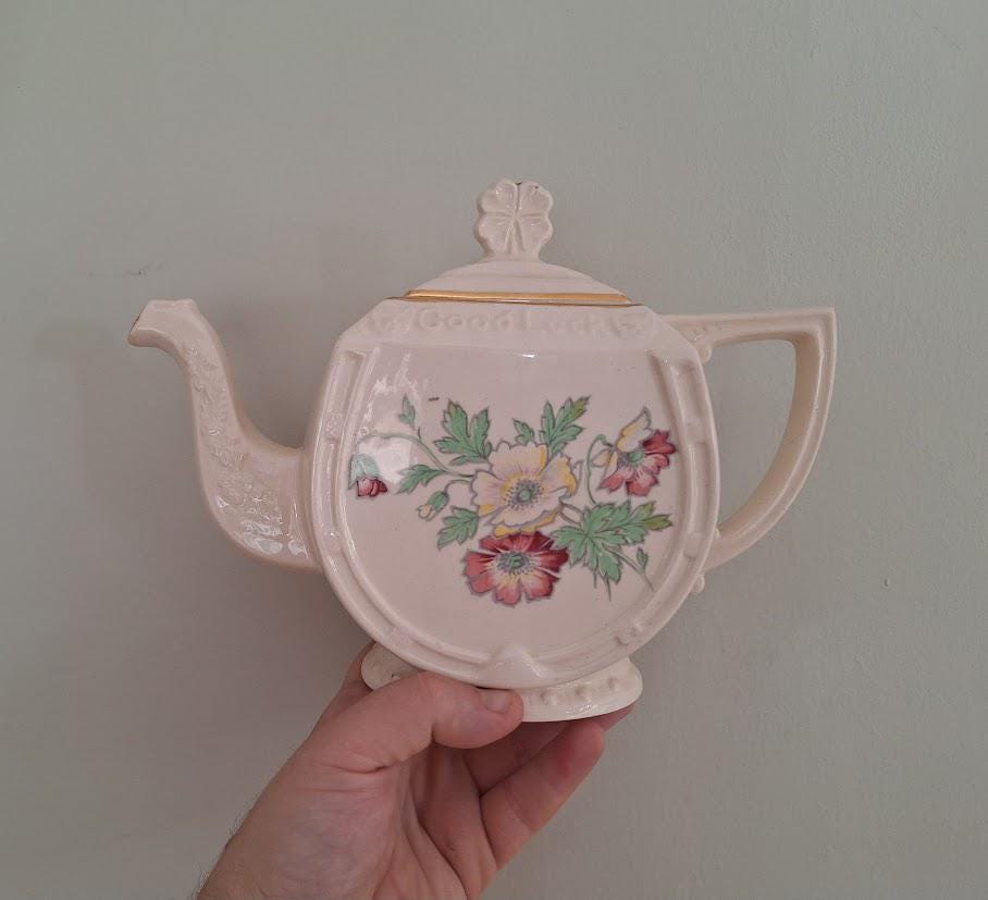 Vintage Sadler “Good Luck Embossed Floral Teapot  Cream Glaze Novelty English Pottery with Shamrock Lid  Made in England  Ad by Sadler