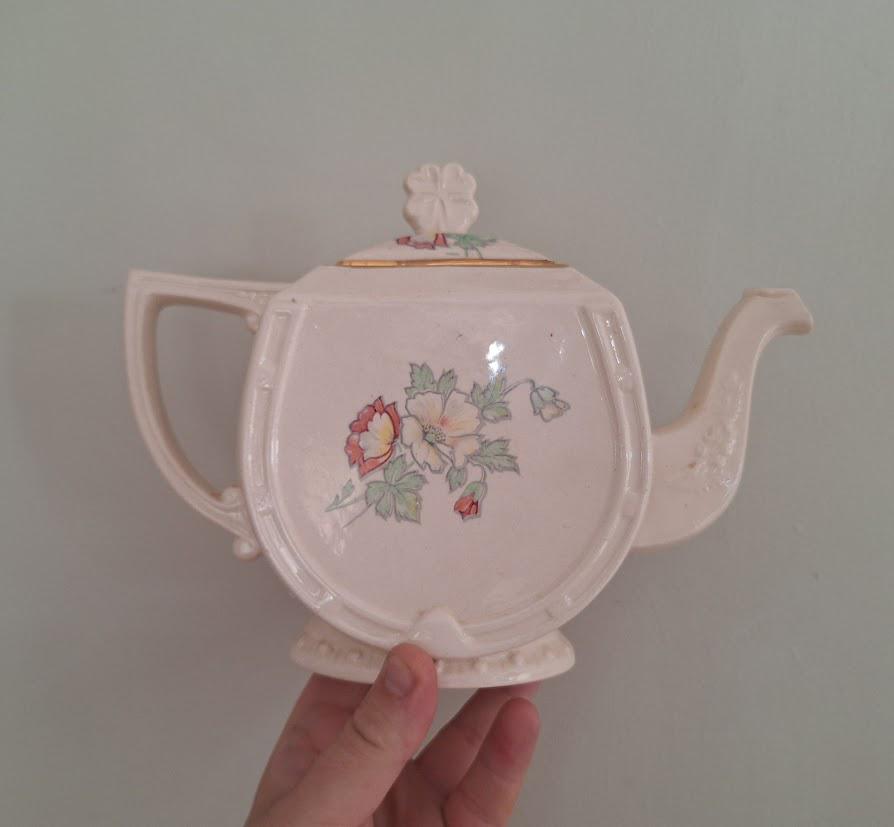 Vintage Sadler “Good Luck Embossed Floral Teapot  Cream Glaze Novelty English Pottery with Shamrock Lid  Made in England  Ad by Sadler