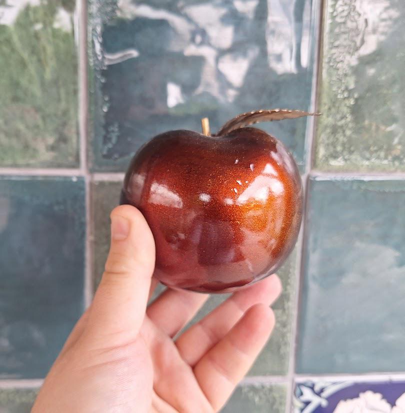Vintage Decorative Apple and Pear Ornaments with Brass Leaf Detail  Iridescent Red Ceramic Fruit Figurines  Retro Home Decor Set