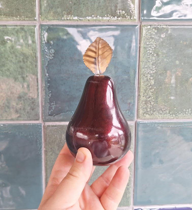 Vintage Decorative Apple and Pear Ornaments with Brass Leaf Detail  Iridescent Red Ceramic Fruit Figurines  Retro Home Decor Set