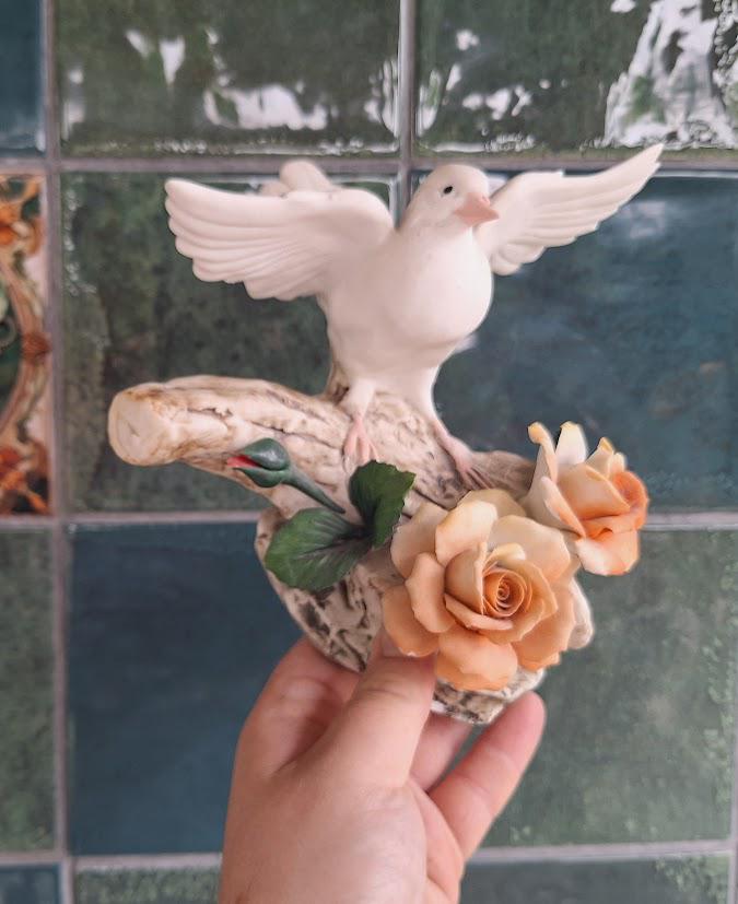 Vintage White Dove and Peach Rose Porcelain Figurine  Ceramic Bird on Branch