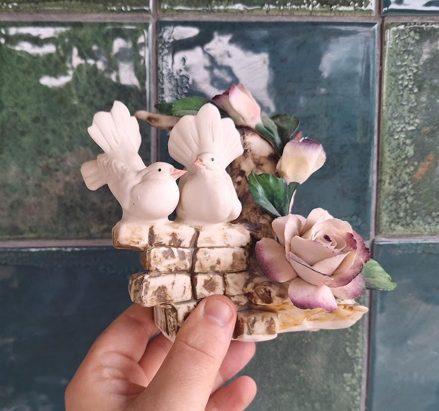 Capodimonte Italy White Dove Figurine  Vintage Ceramic Bird Couple on Wall with Roses and Tree Trunk Detail
