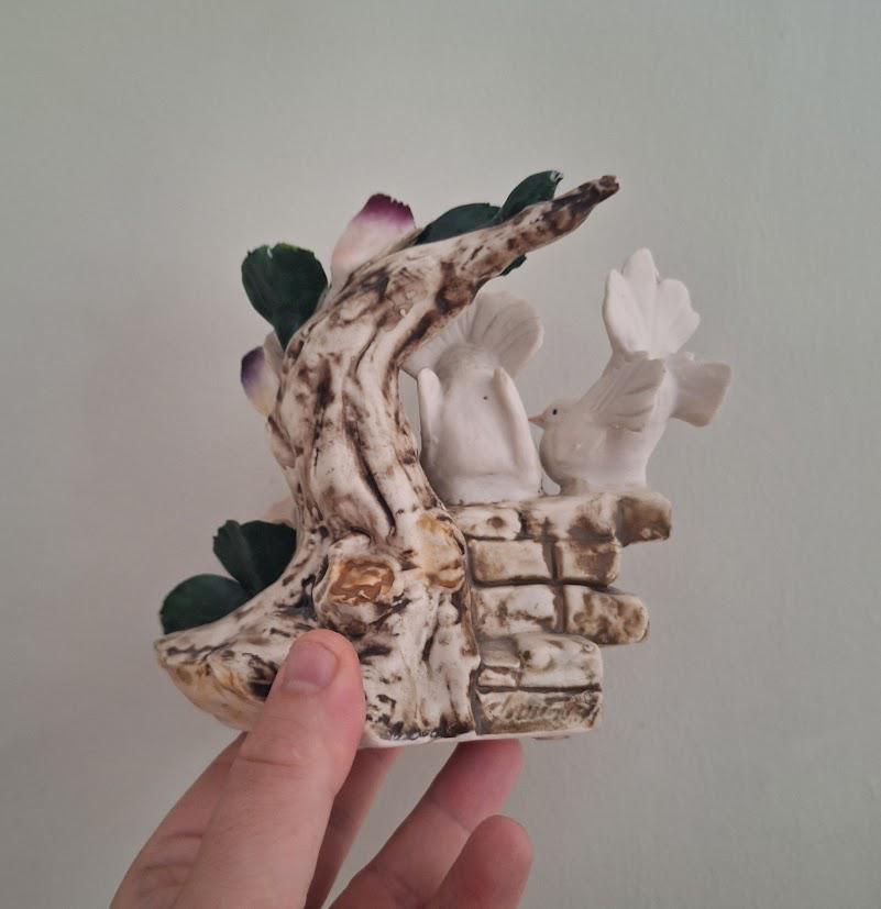 Capodimonte Italy White Dove Figurine  Vintage Ceramic Bird Couple on Wall with Roses and Tree Trunk Detail