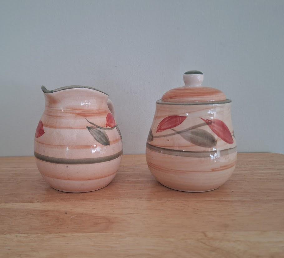 Vintage A and P Ware Hand-Painted Ceramic Cream & Sugar Set with Tray  Leaf Motif, Microwave and Dishwasher Safe